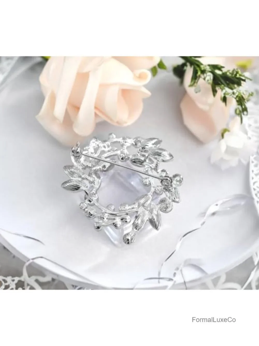 Crystal Rhinestone Floral Wreath Brooch Pin, Silver Alloy